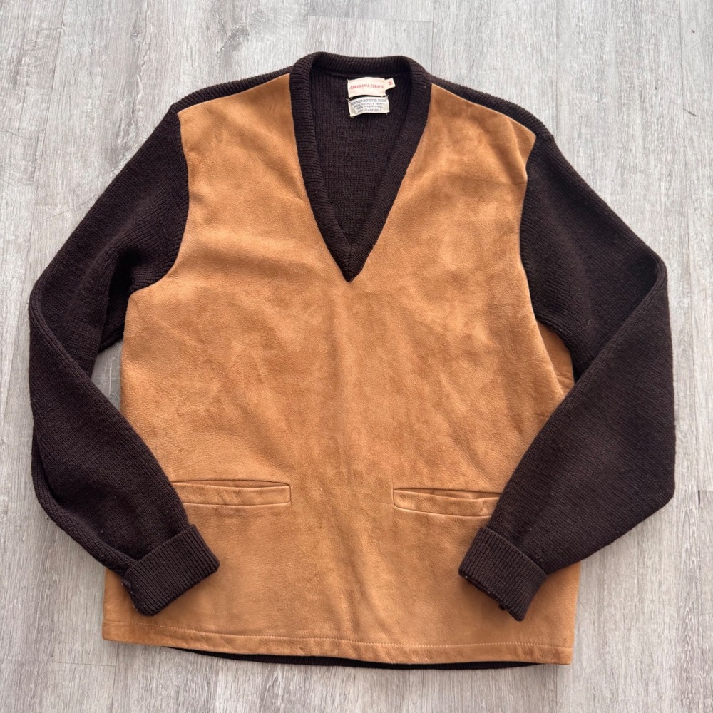 Vintage Abraham & Straus Suede Front Virgin Wool V-Neck Sweater Brown Tan Mens M